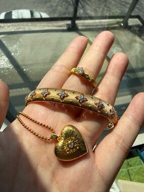 Gold-Tone Heart Pendant Necklace, Floral Motif Bangle and open ring set